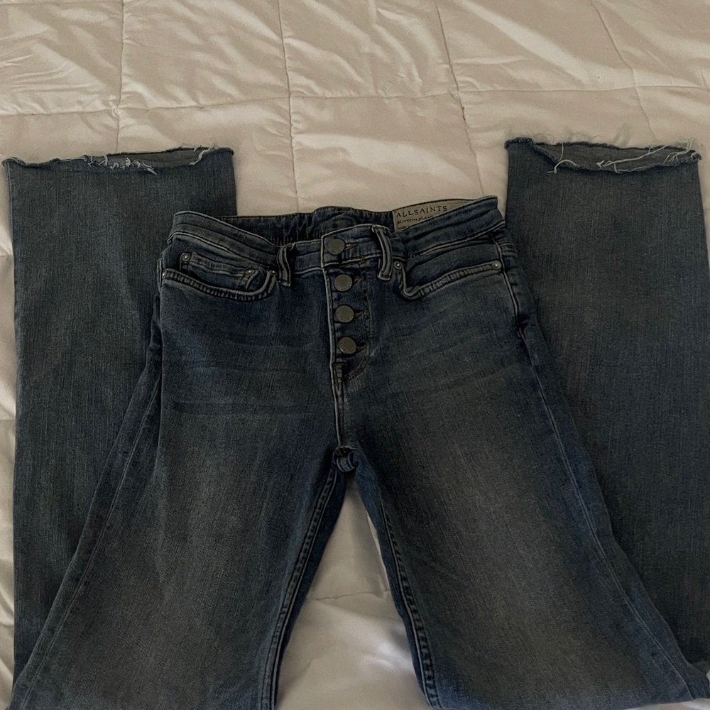 All Saints Blue Flare & Wide Leg Jeans, the legs are trimmed